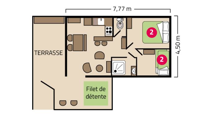 Plan Cocoon Lodge 4 personnes camping Le Petit Rocher