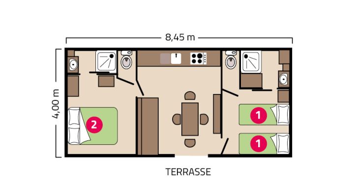 Plan mobil-home Clim Suite Duo camping Le Petit Rocher